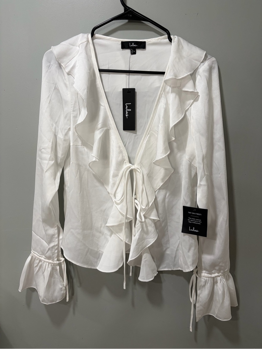 Lulu's White Ruffle Tie-Front Long-Sleeve Blouse - Picture 2 of 8